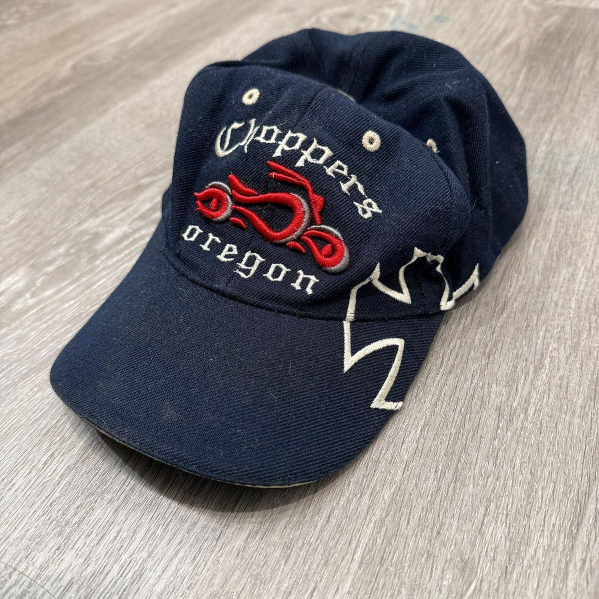 Vintage Y2K 2000's Santo Cap Navy Distressed Graphic Chopper Cap