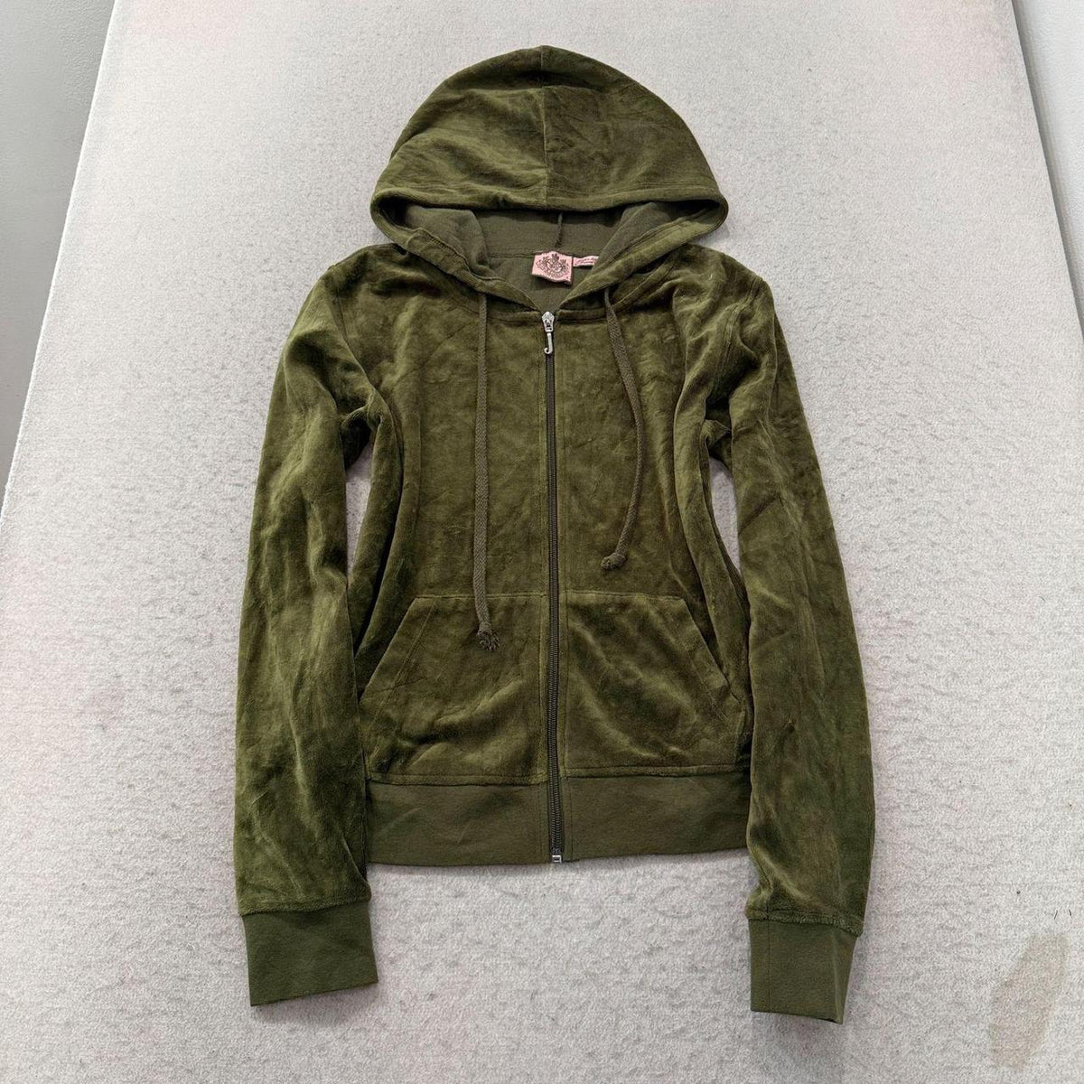 Vintage Y2K 2000's Women's Juicy Couture Olive Green Zip Up Velour Hoodie
