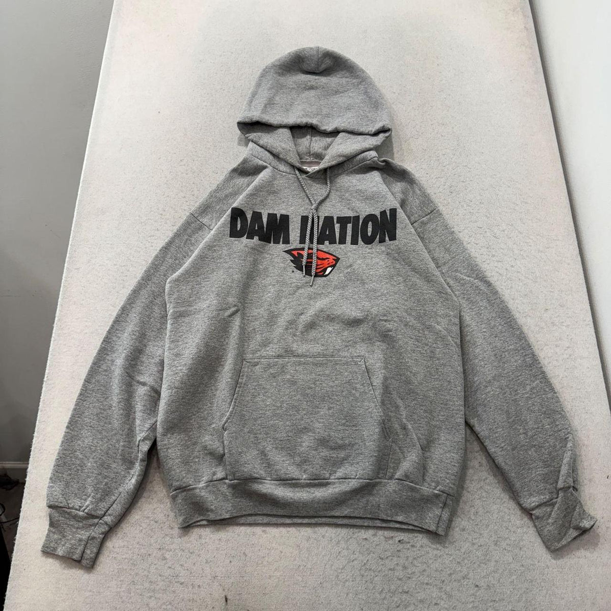 Vintage Y2K 2000's Port and Company Grey Faded Oversized Graphic Hoodie