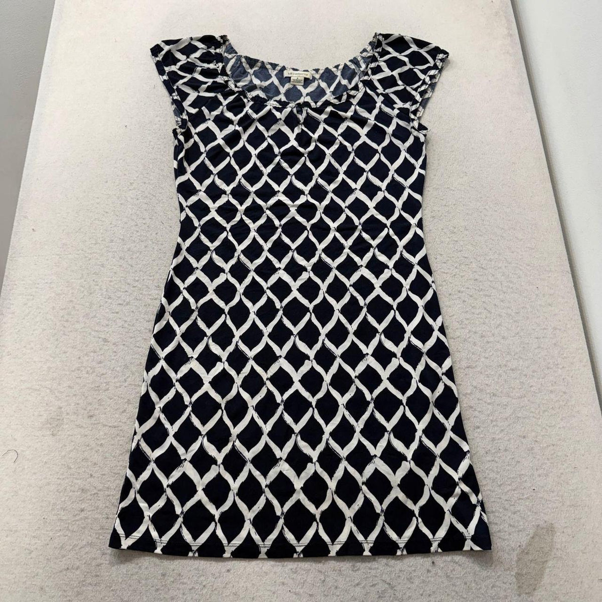 Vintage Y2K 2000's Liz Claiborne Women's Navy Geometric Print Cap Sleeve Dress