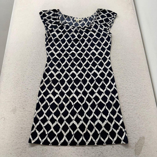 Vintage Y2K 2000's Liz Claiborne Women's Navy Geometric Print Cap Sleeve Dress