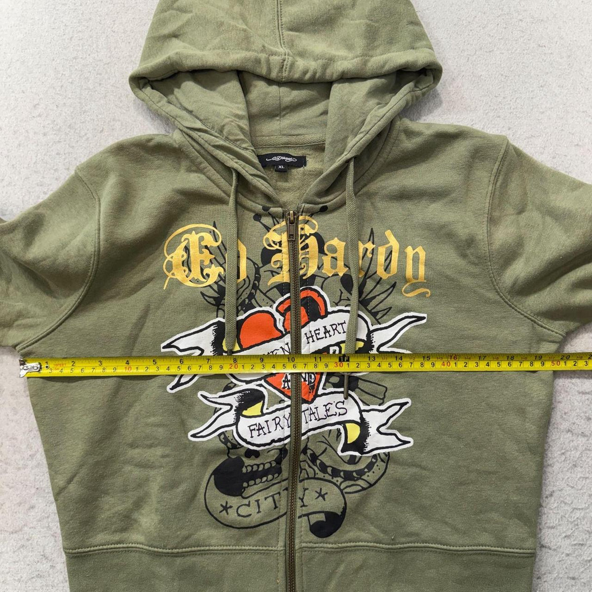 Vintage Y2K 2000's Women's Ed Hardy Olive Green Oversized Graphic Zip Up Hoodie