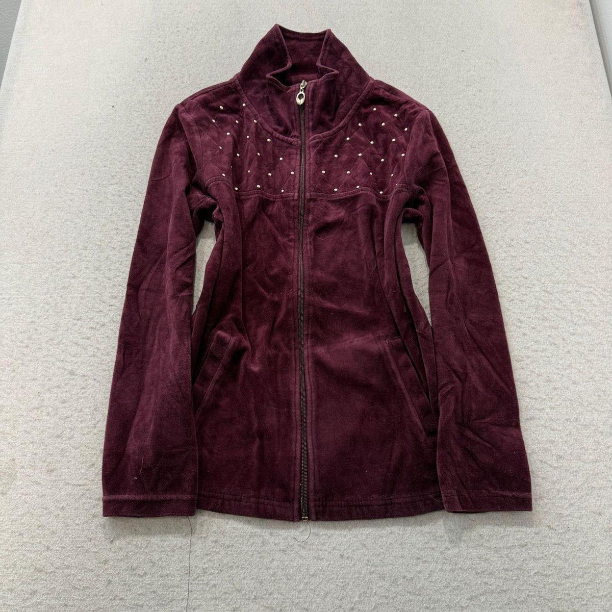 Vintage Y2K 2000's Women's Burgundy Velvet Zip Up Rhinestone Jacket