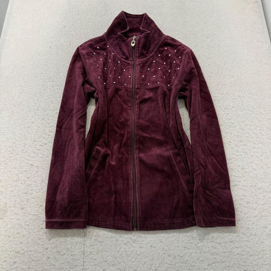 Vintage Y2K 2000's Women's Burgundy Velvet Zip Up Rhinestone Jacket