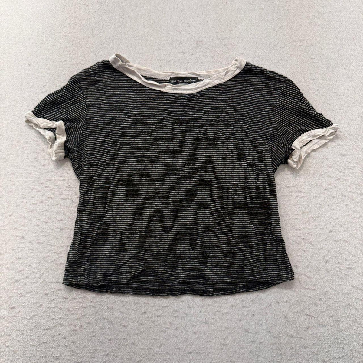 Vintage Y2K 2000's Women's See You Monday Black White Boxy Striped Tee