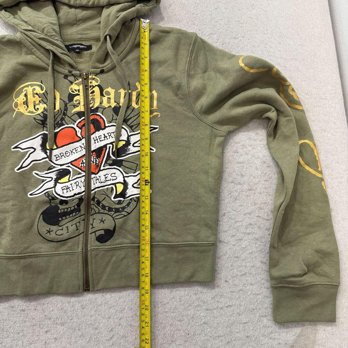 Vintage Y2K 2000's Women's Ed Hardy Olive Green Oversized Graphic Zip Up Hoodie