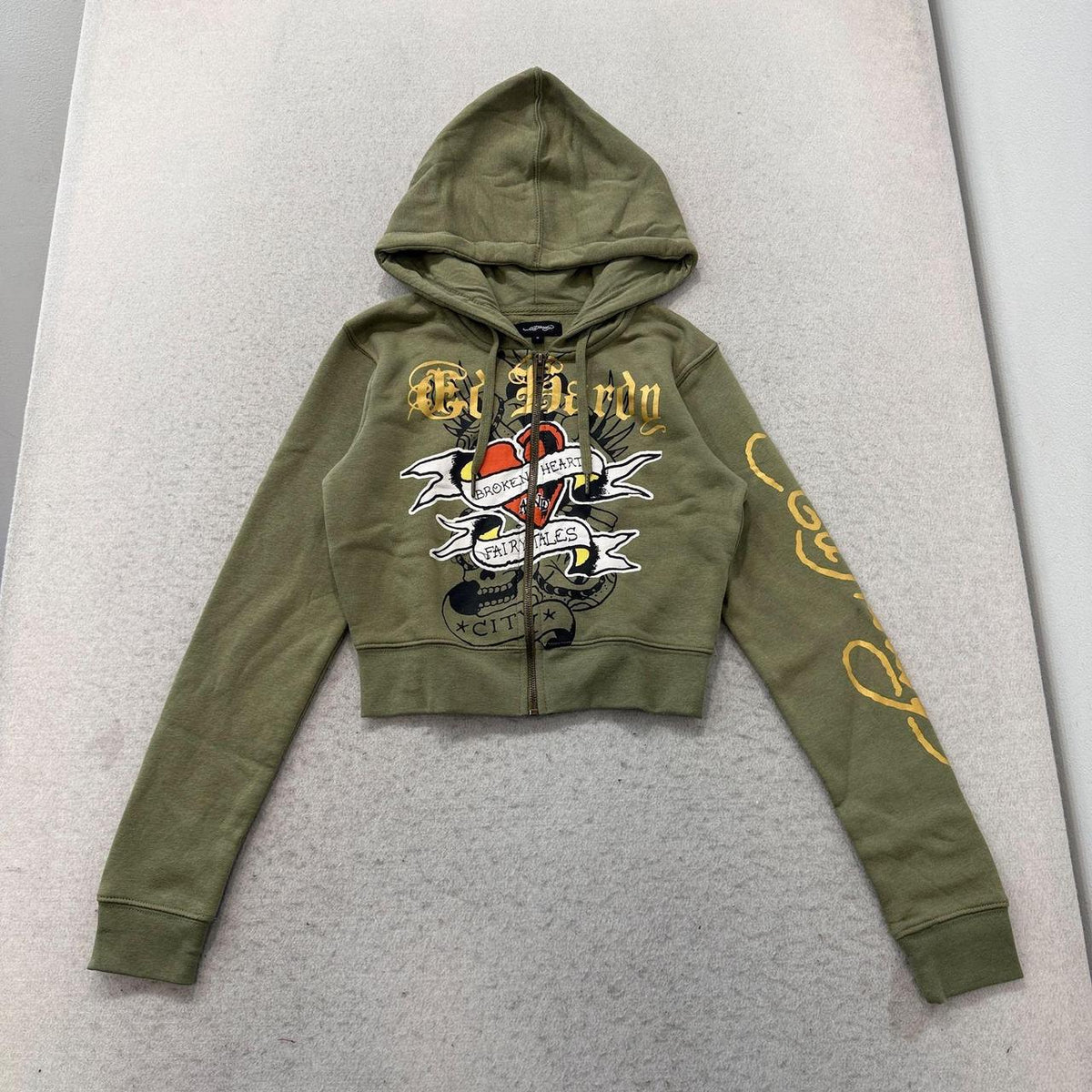 Vintage Y2K 2000's Ed Hardy Sage Green Zip Up Graphic Cropped Hoodie