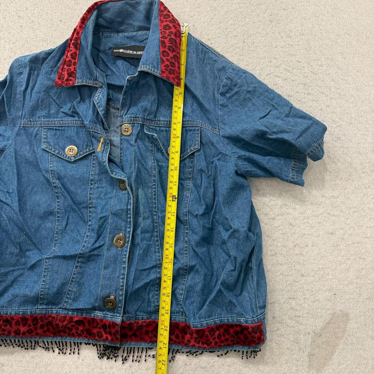 Vintage Y2K 2000's Women's Boxy Blue Denim Leopard Trim Shirt