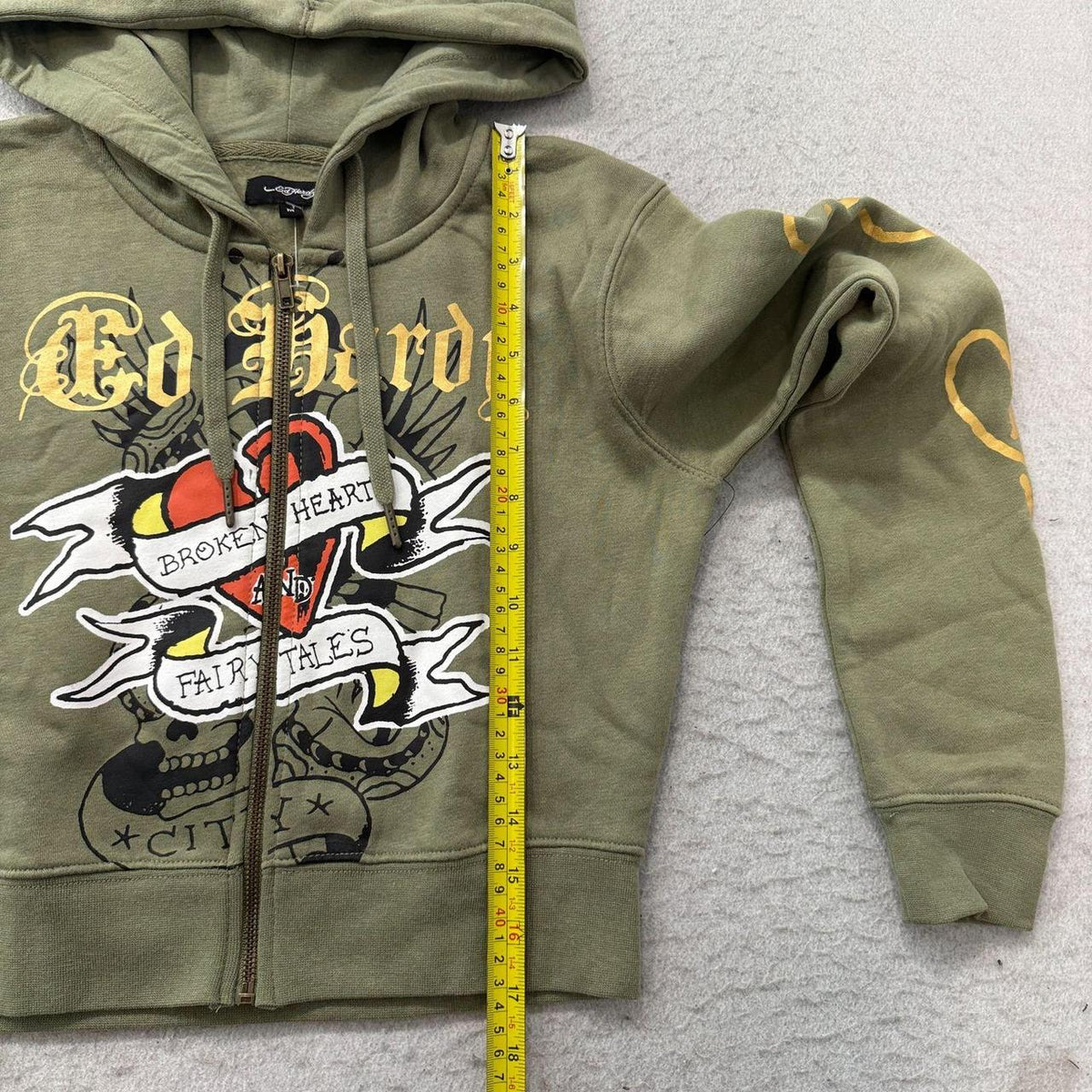Vintage Y2K 2000's Ed Hardy Sage Green Distressed Graphic Zip Up Hoodie