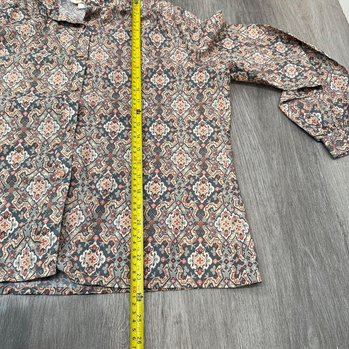 Vintage Y2K 2000's Women's Grey Boxy Geometric Floral Printed Blouse