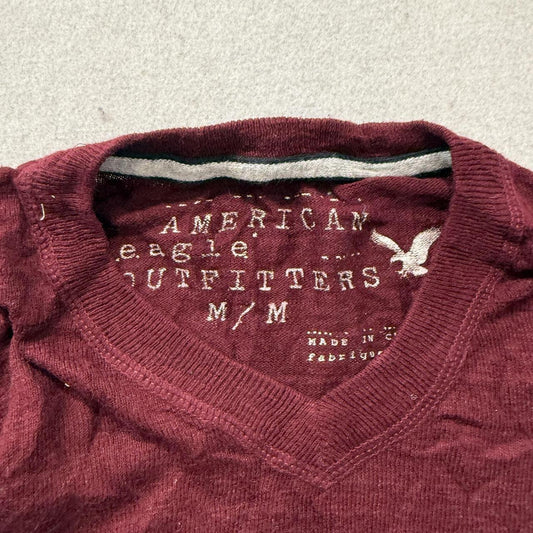 Vintage Y2K 2000's Women's American Eagle Burgundy Boxy V-Neck Sweater