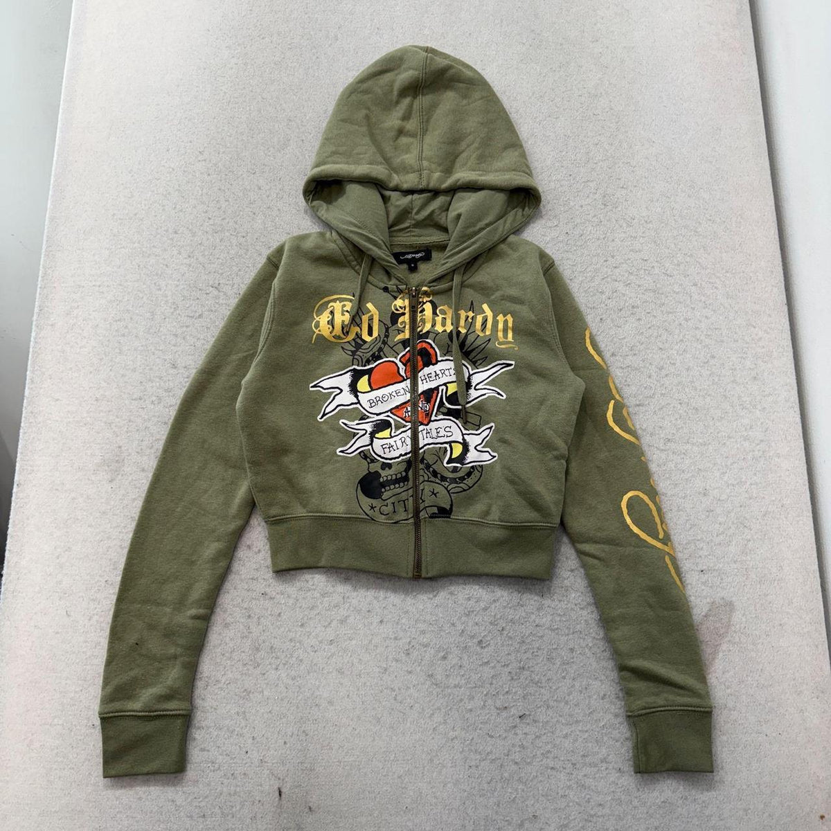 Vintage Y2K 2000's Ed Hardy Sage Green Faded Graphic Zip Up Cropped Hoodie