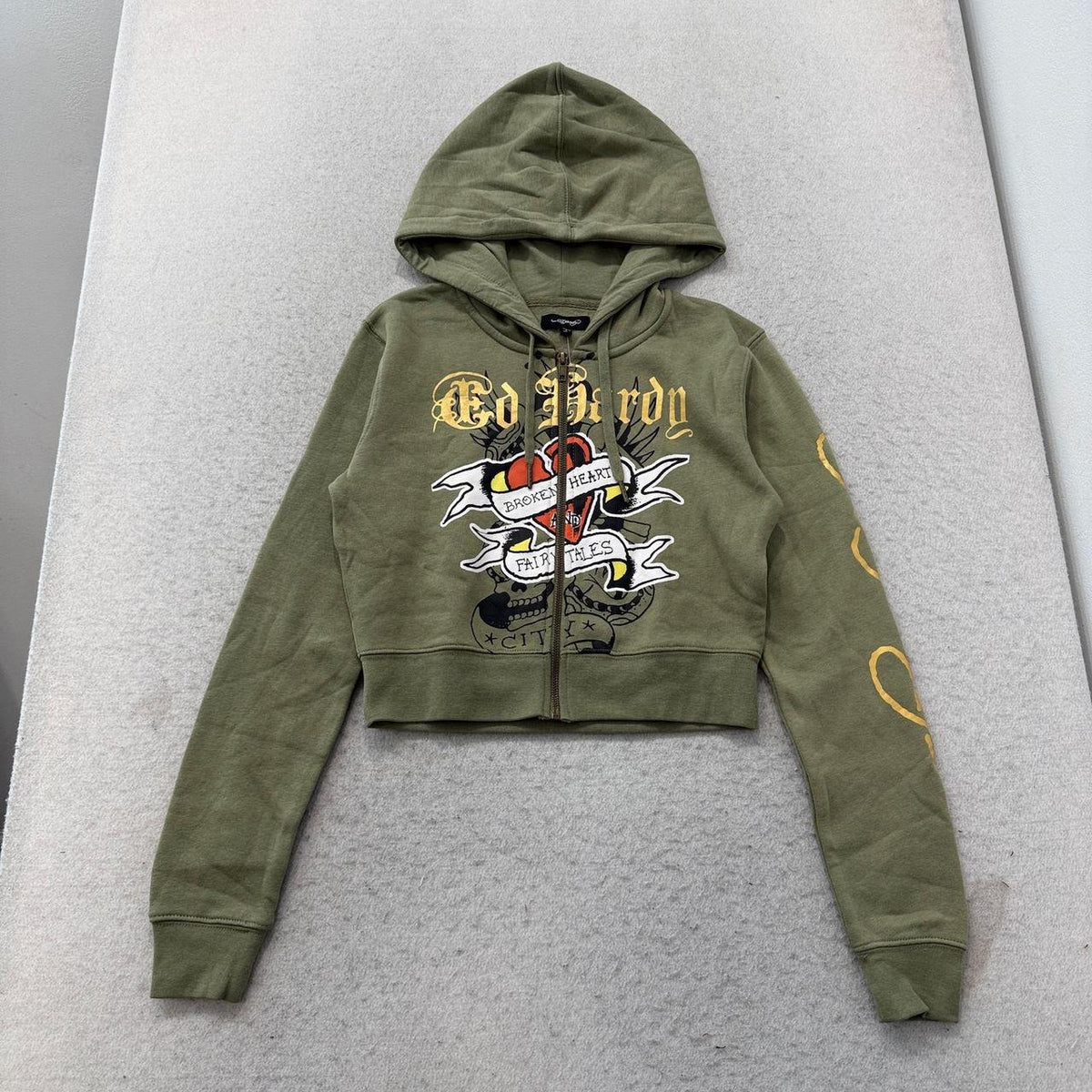 Vintage Y2K 2000's Ed Hardy Sage Green Distressed Graphic Zip Up Hoodie