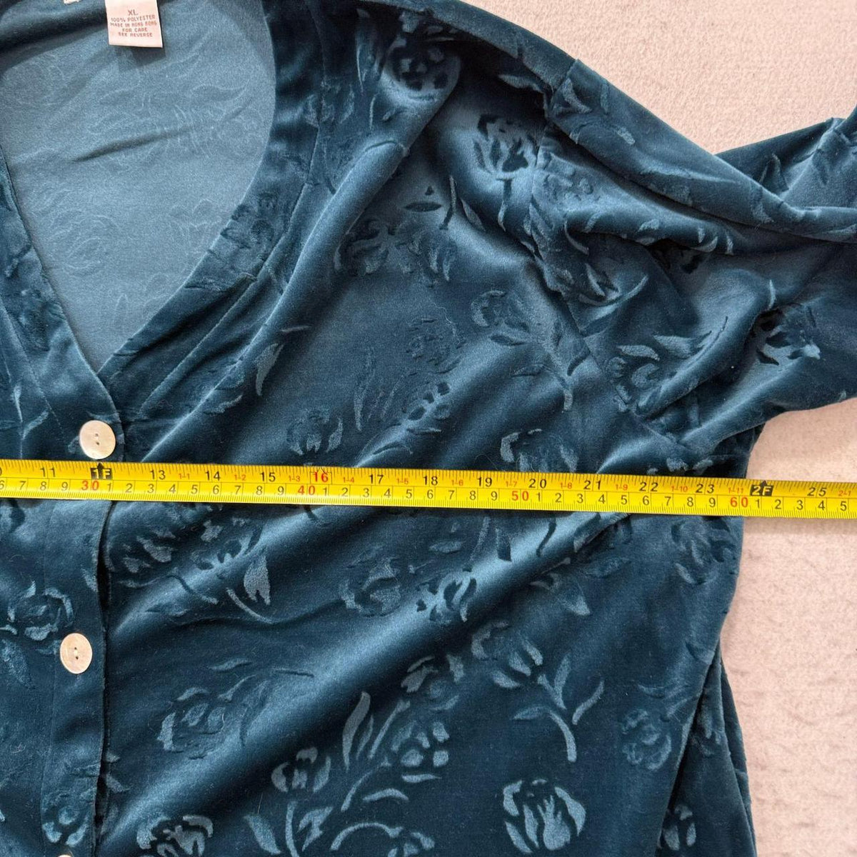 Vintage 90s Women's Oversized Teal Velvet Floral Cardigan