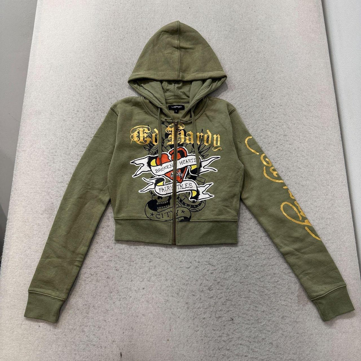 Vintage Y2K 2000's Ed Hardy Sage Green Graphic Zip Up Cropped Hoodie