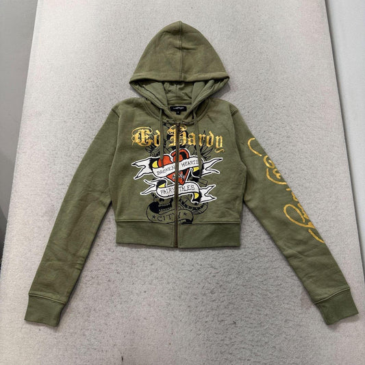 Vintage Y2K 2000's Ed Hardy Sage Green Graphic Zip Up Cropped Hoodie