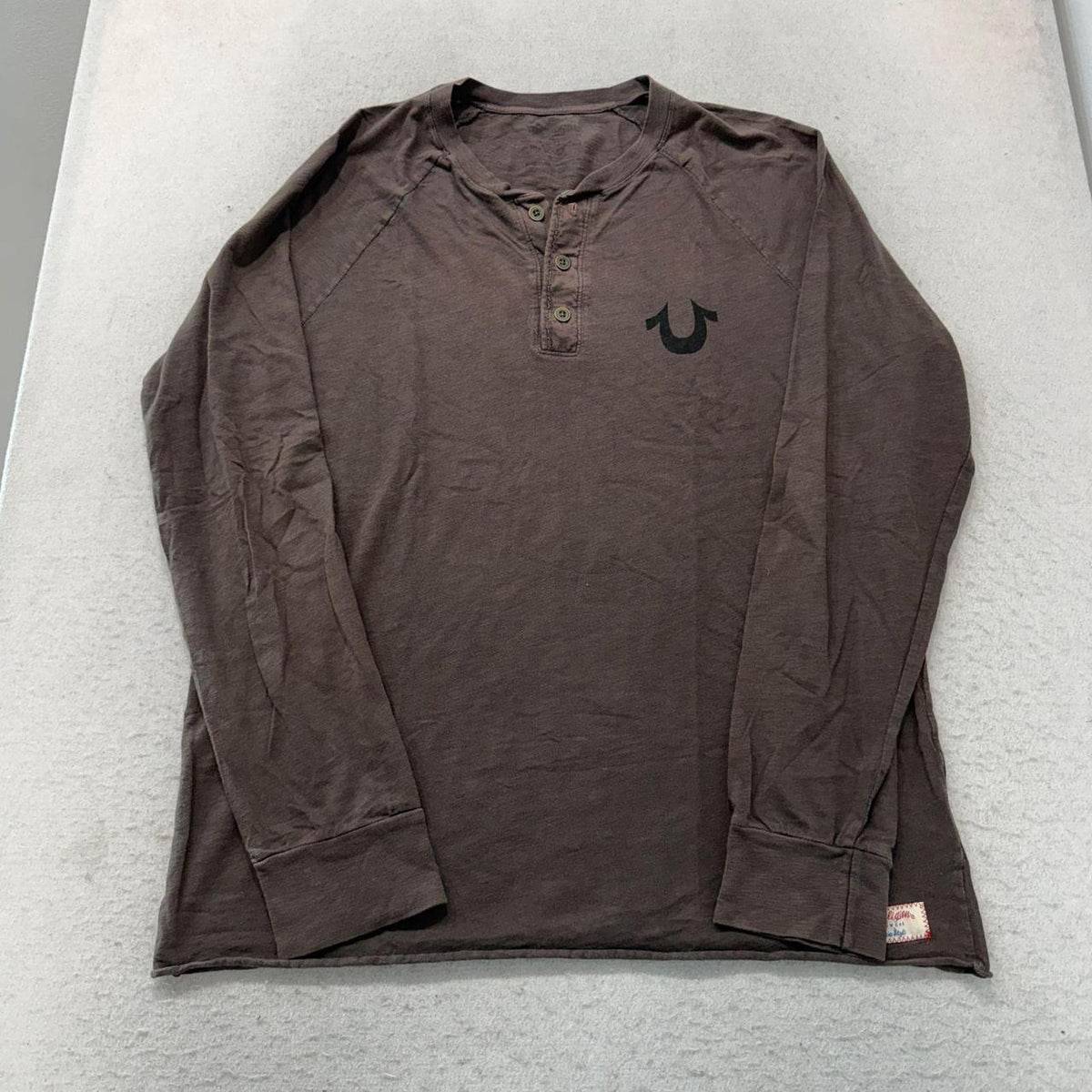 Vintage Y2K 2000's True Religion Brown Faded Distressed Henley Tee