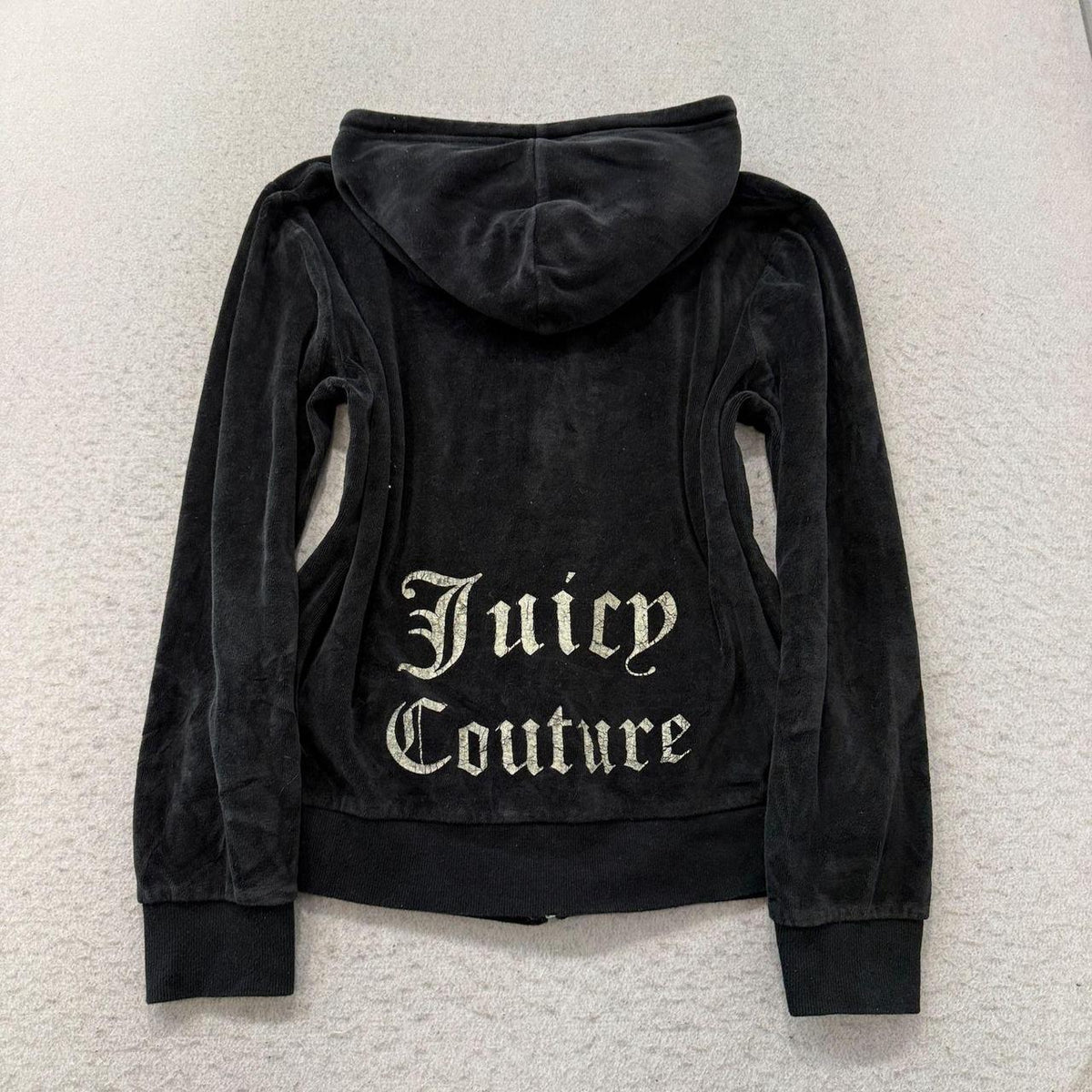 Vintage Y2K 2000's Women's Juicy Couture Black Boxy Zip Up Velour Hoodie