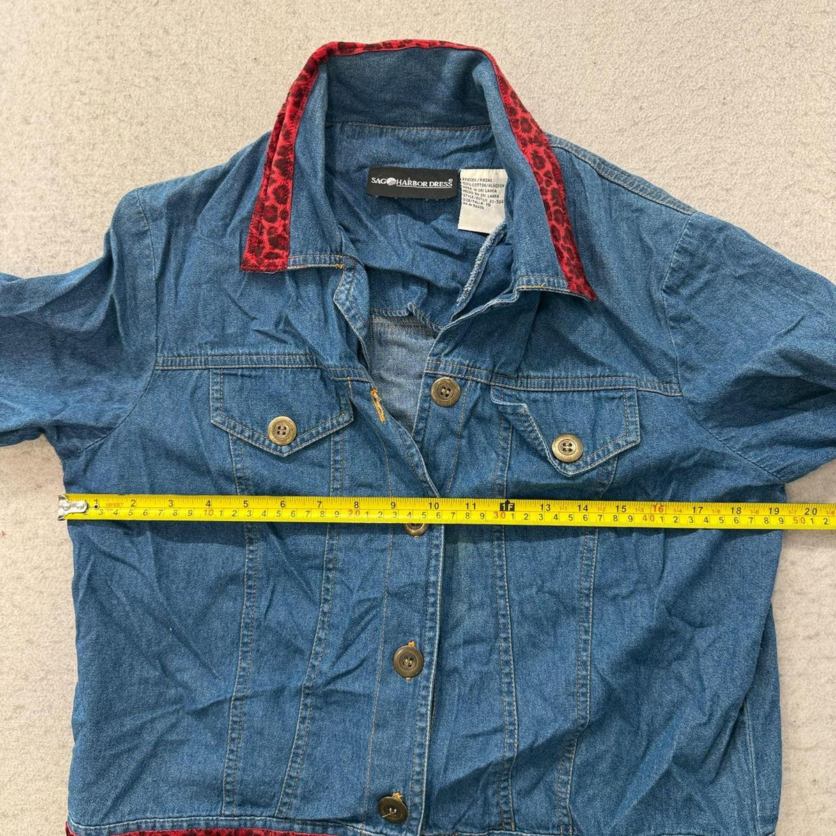 Vintage Y2K 2000's Women's Boxy Blue Denim Leopard Trim Shirt