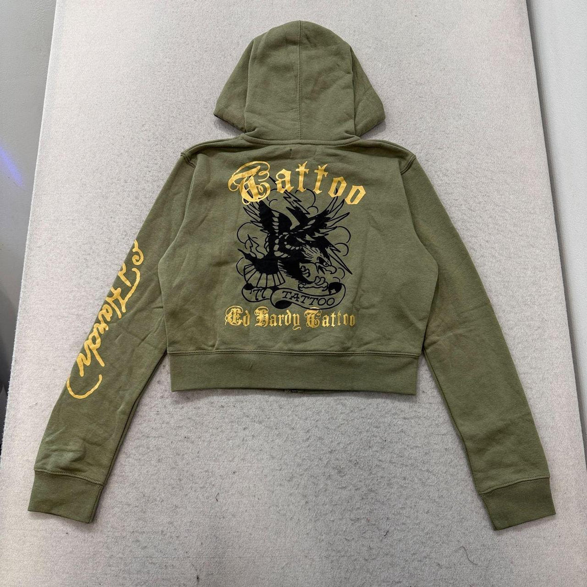 Vintage Y2K 2000's Women's Ed Hardy Olive Green Oversized Graphic Zip Up Hoodie