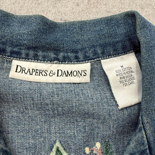 Vintage Y2K 2000's Women's Boxy Faded Floral Embroidery Denim Shirt
