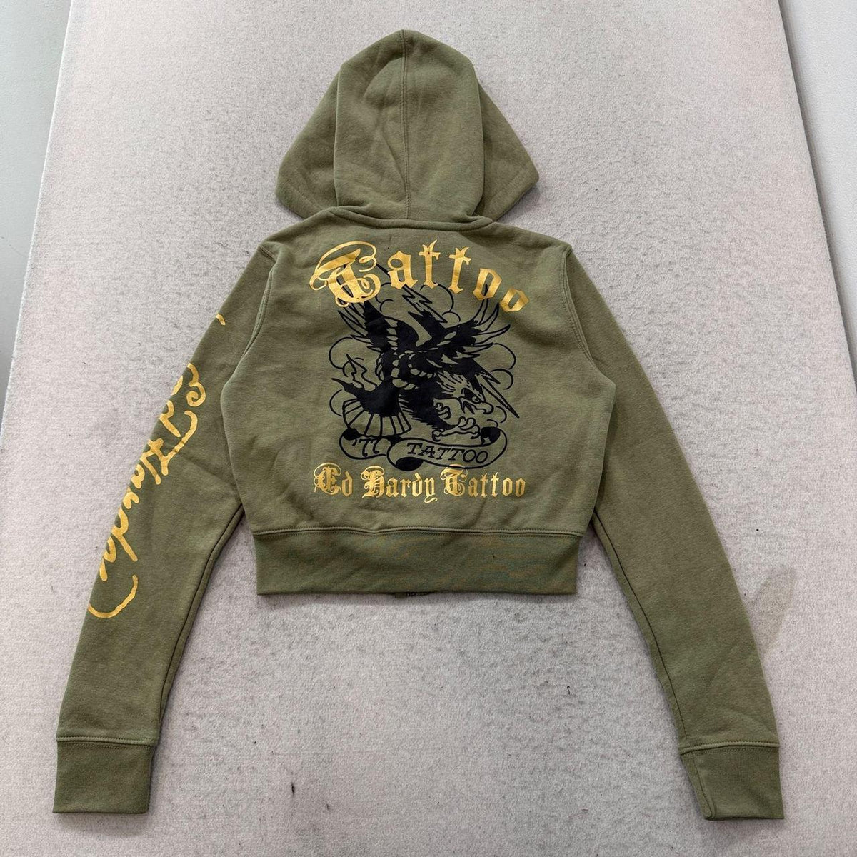 Vintage Y2K 2000's Ed Hardy Sage Green Faded Graphic Zip Up Cropped Hoodie