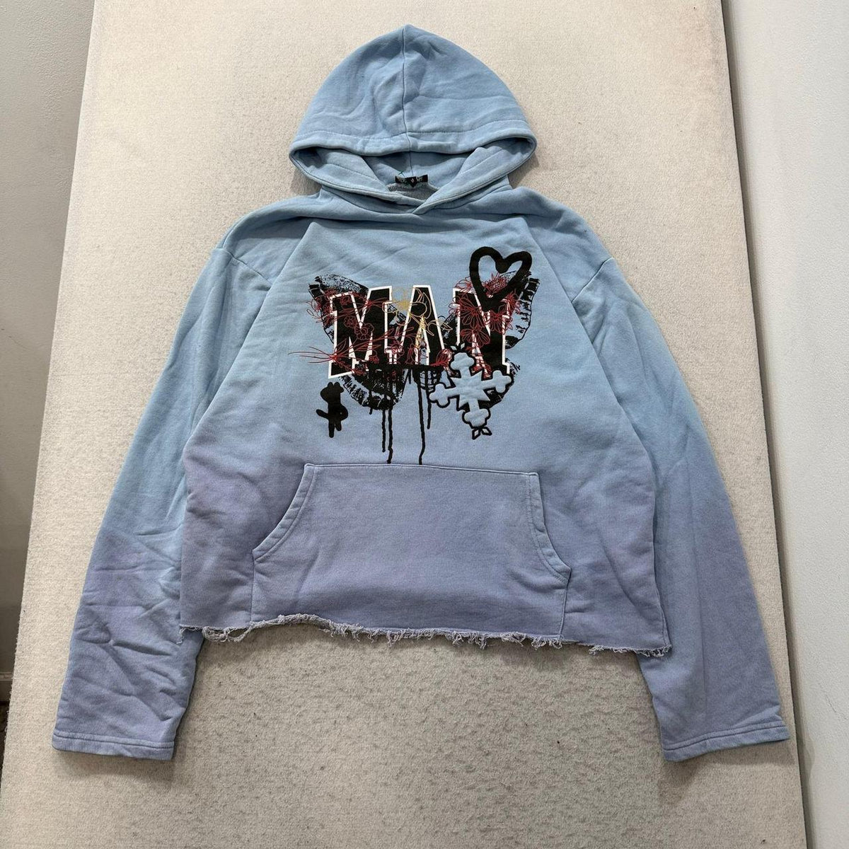 Vintage Y2K 2000's Women's Oversized Graphic Cropped Light Blue Hoodie