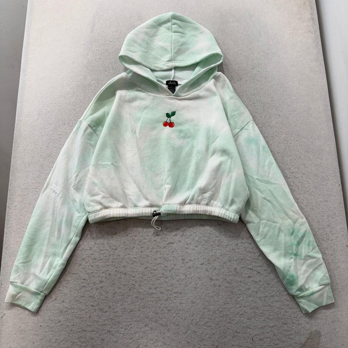 Vintage Y2K 2000's Women's Faded Boxy Pale Green Tie-Dye Cherry Crop Hoodie