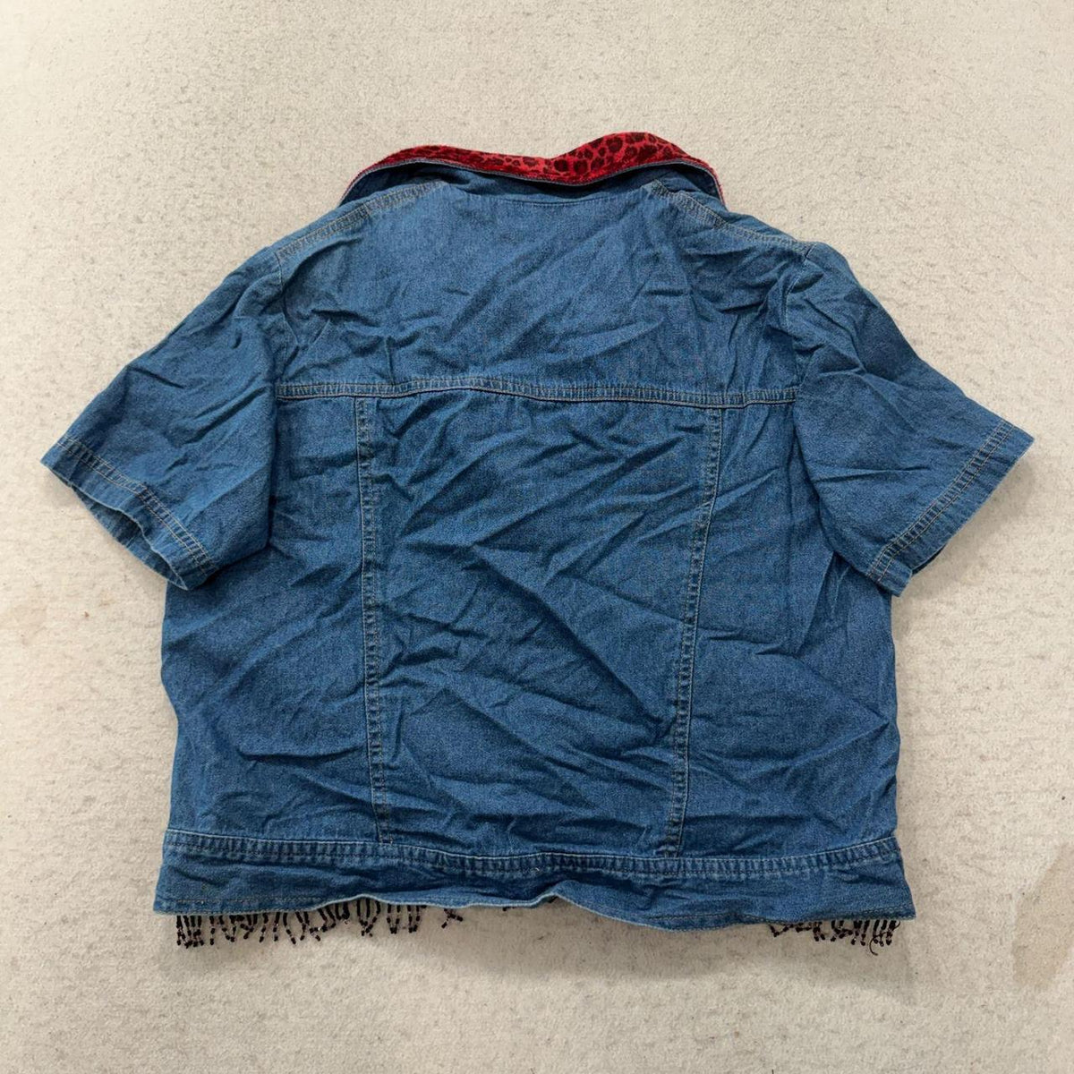 Vintage Y2K 2000's Women's Boxy Blue Denim Leopard Trim Shirt