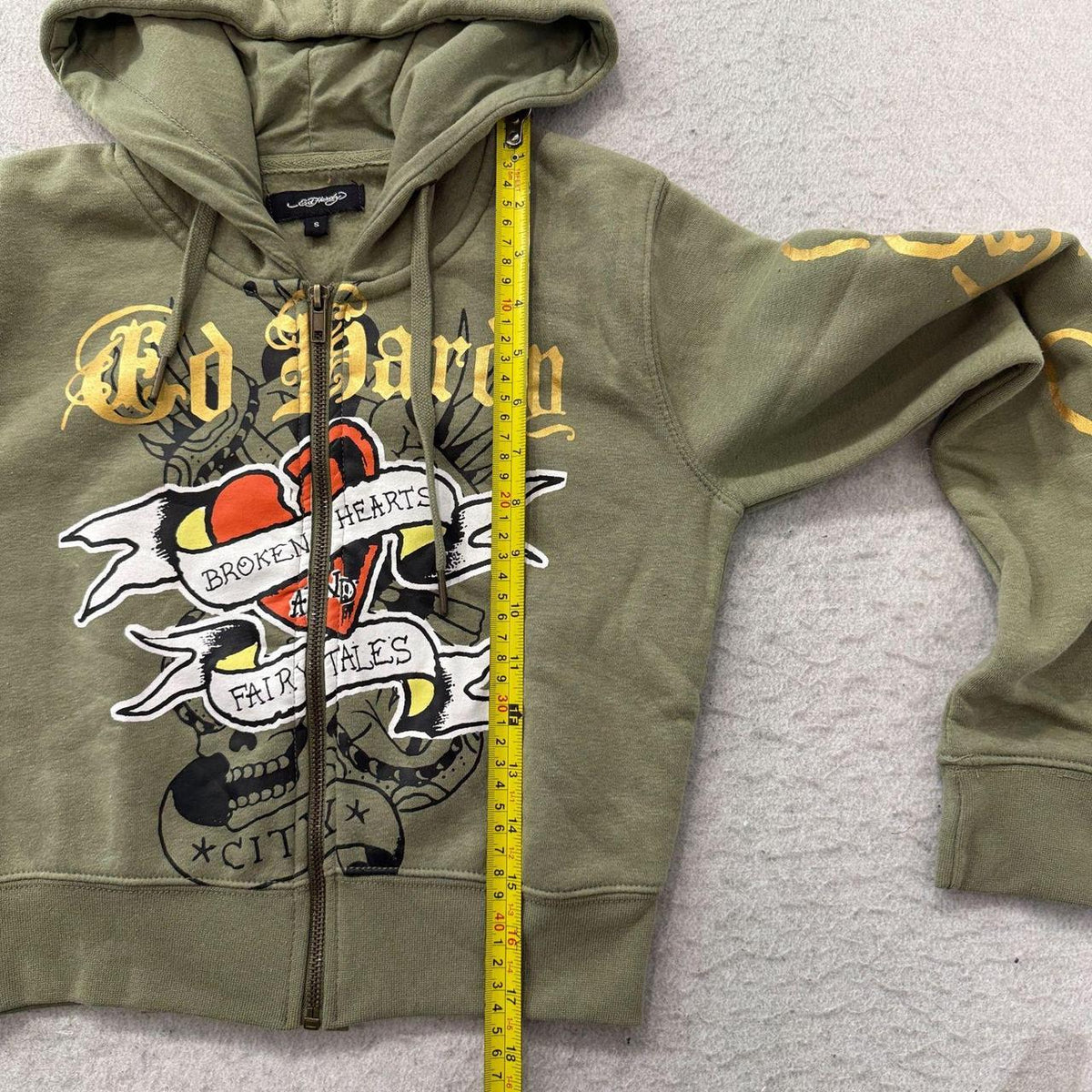 Vintage Y2K 2000's Ed Hardy Sage Green Faded Graphic Zip Up Cropped Hoodie