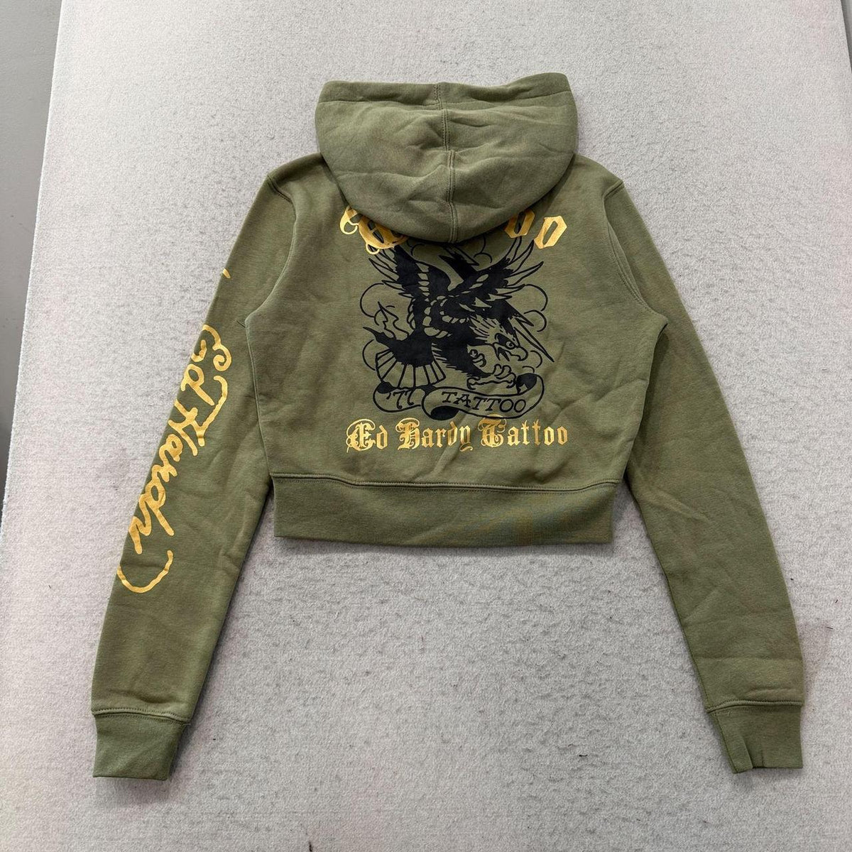 Vintage Y2K 2000's Ed Hardy Sage Green Distressed Graphic Zip Up Hoodie