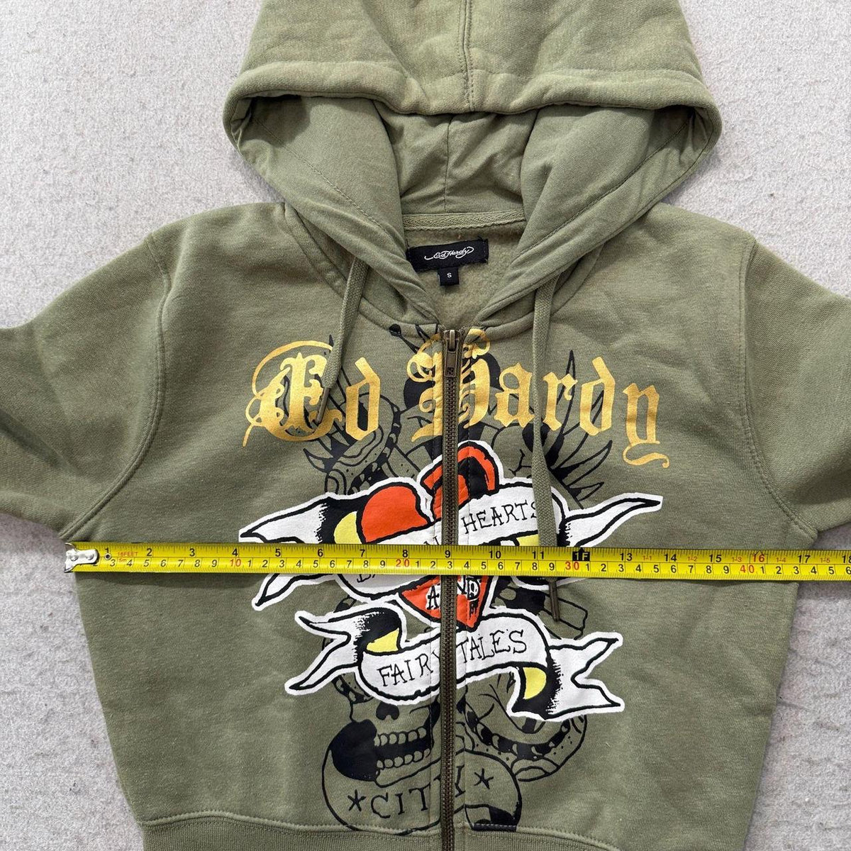 Vintage Y2K 2000's Ed Hardy Sage Green Faded Graphic Zip Up Cropped Hoodie