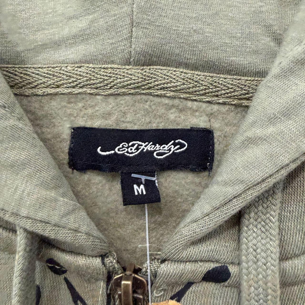 Vintage Y2K 2000's Ed Hardy Sage Green Distressed Graphic Zip Up Hoodie