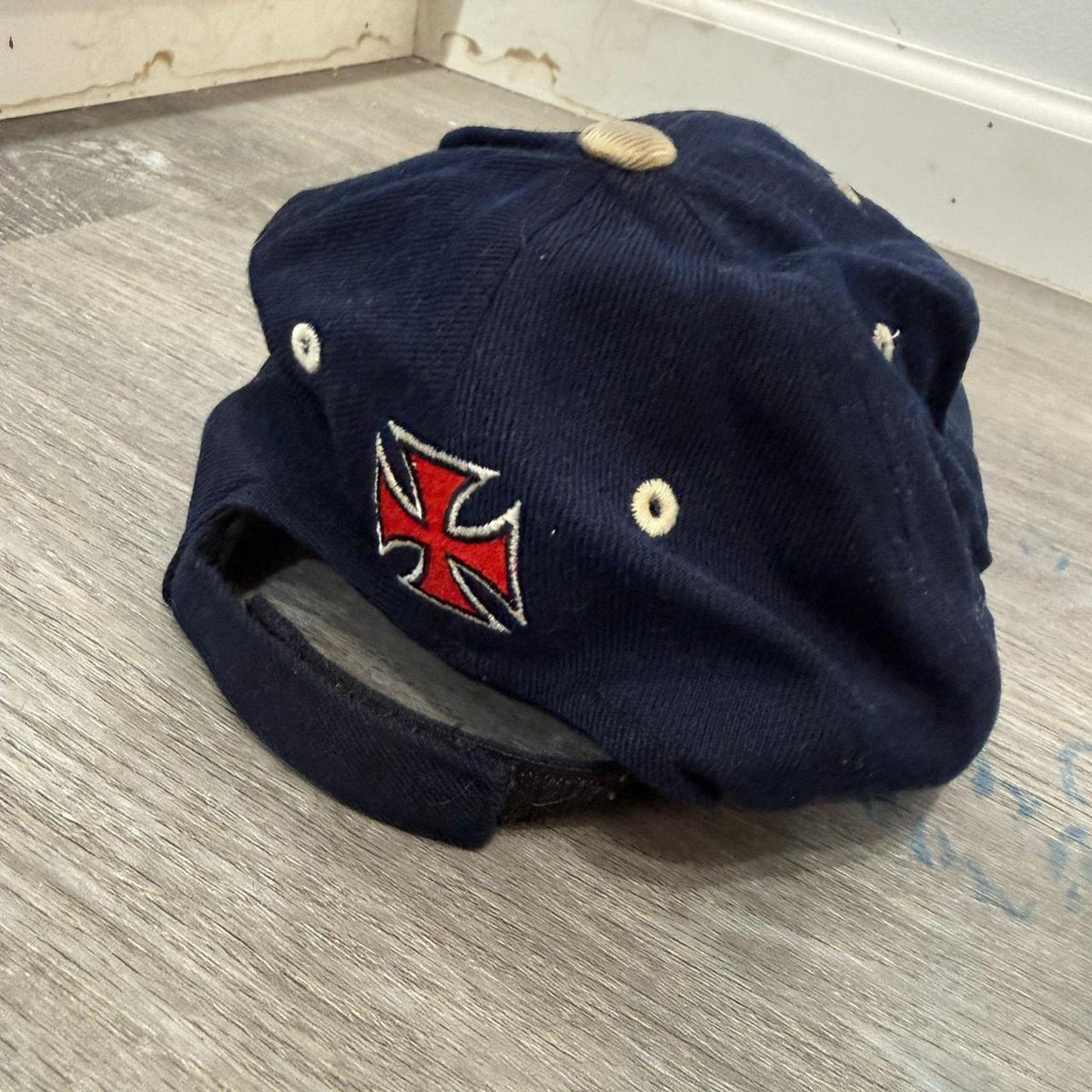 Vintage Y2K 2000's Santo Cap Navy Distressed Graphic Chopper Cap