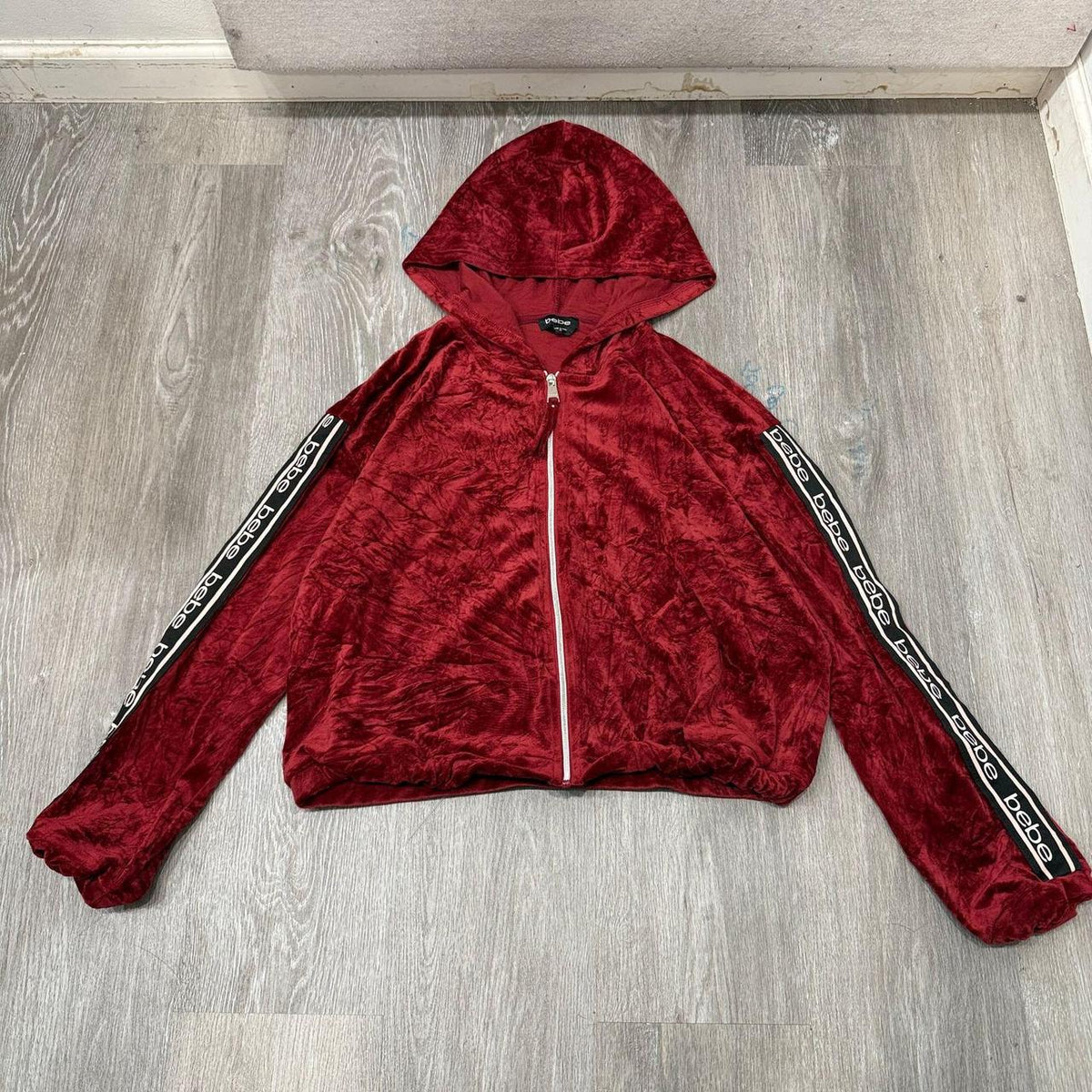 Vintage Y2K 2000's Bebe Burgundy Oversized Zip Up Crushed Velvet Hoodie