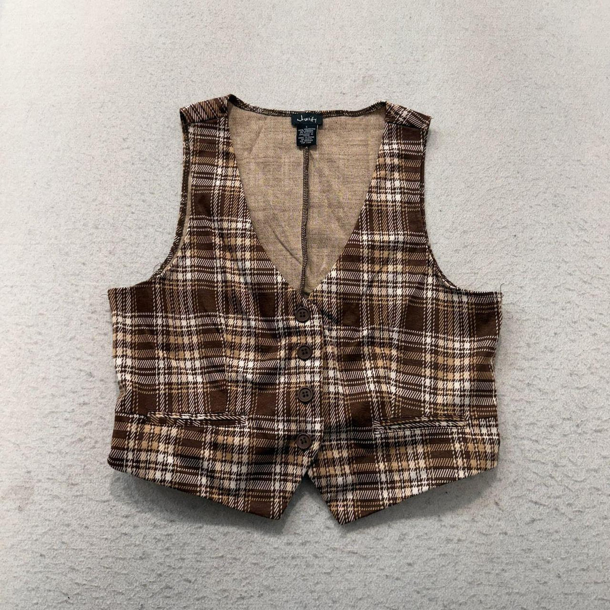 Vintage Y2K 2000's Women's Justify Brown Plaid Boxy Vest