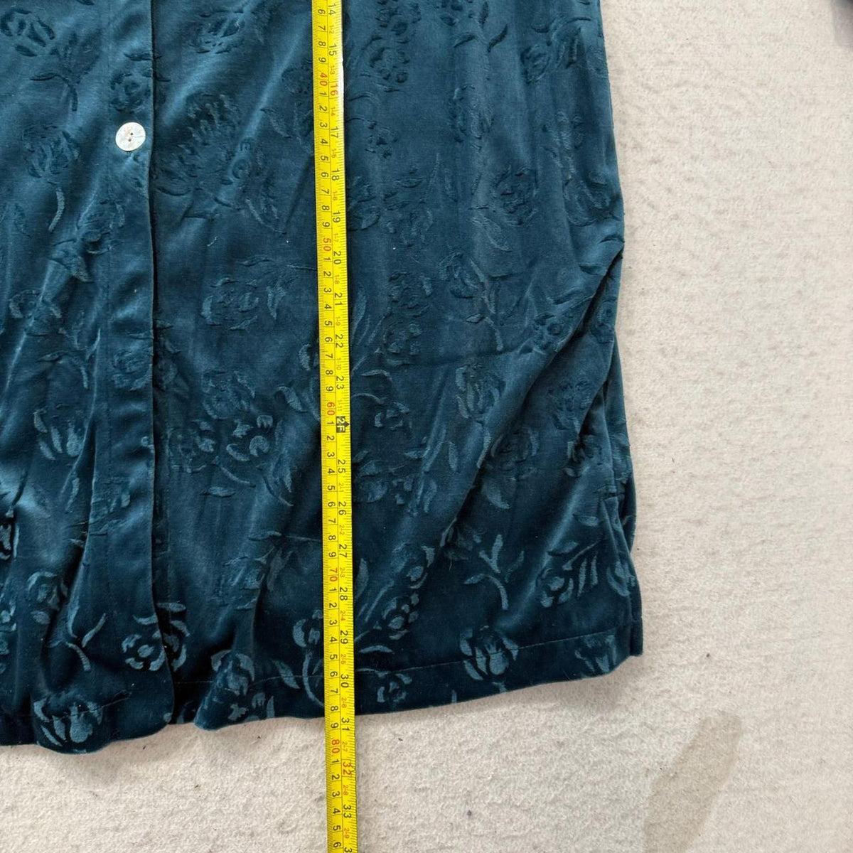 Vintage 90s Women's Oversized Teal Velvet Floral Cardigan