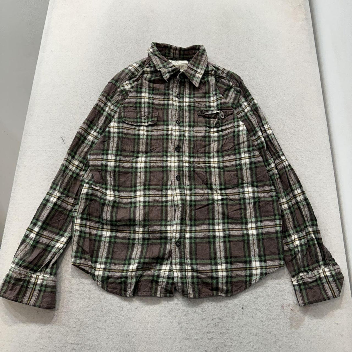 Vintage Y2K 2000's Women's Boxy Brown Green Plaid Button-Up Shirt