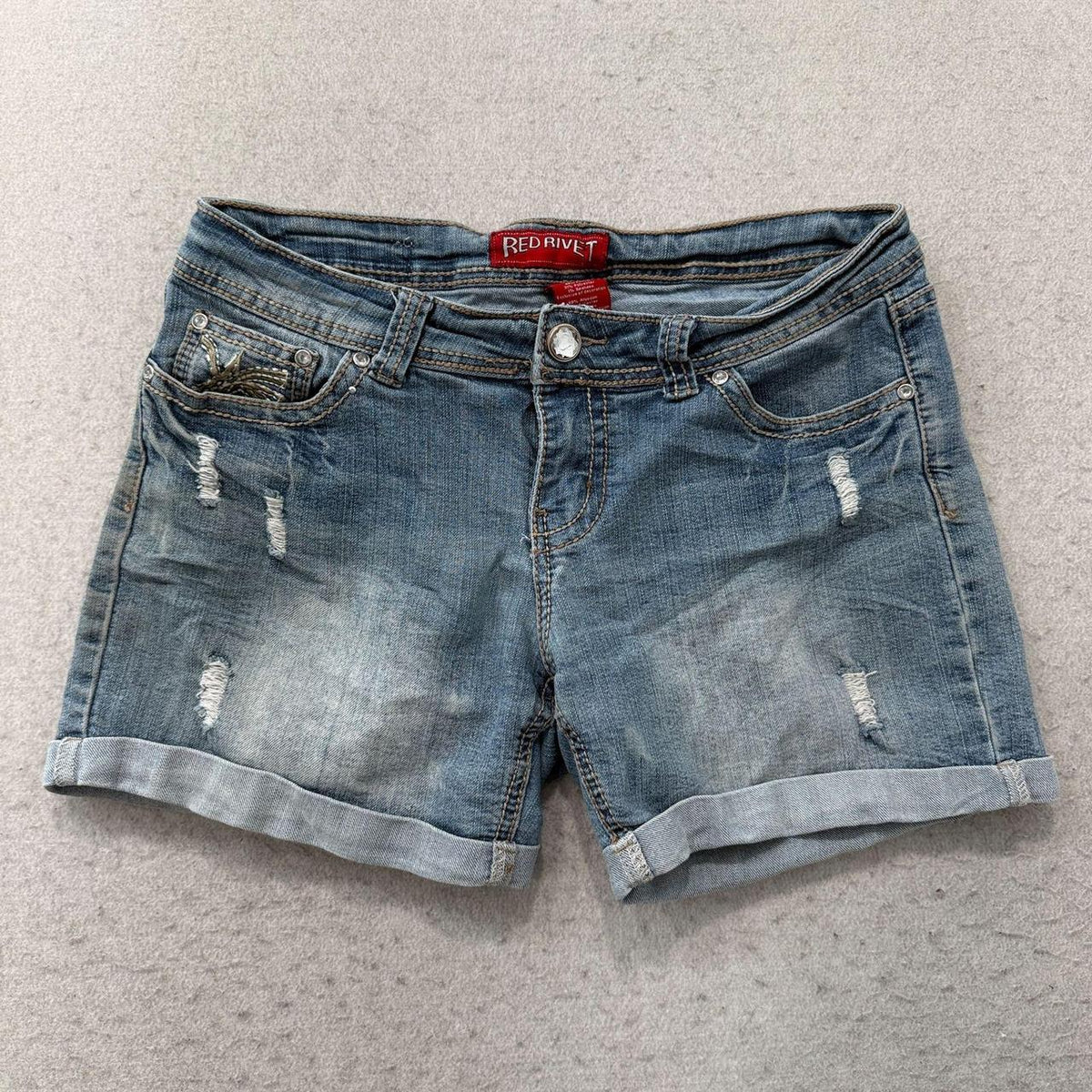 Vintage Y2K 2000's Women's Red Rivet Faded Distressed Denim Shorts