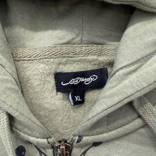 Vintage Y2K 2000's Ed Hardy Sage Green Zip Up Graphic Cropped Hoodie