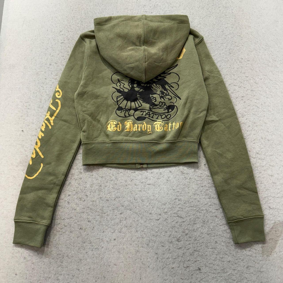 Vintage Y2K 2000's Ed Hardy Sage Green Graphic Zip Up Cropped Hoodie