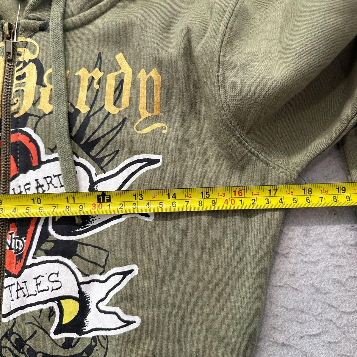 Vintage Y2K 2000's Ed Hardy Sage Green Distressed Graphic Zip Up Hoodie