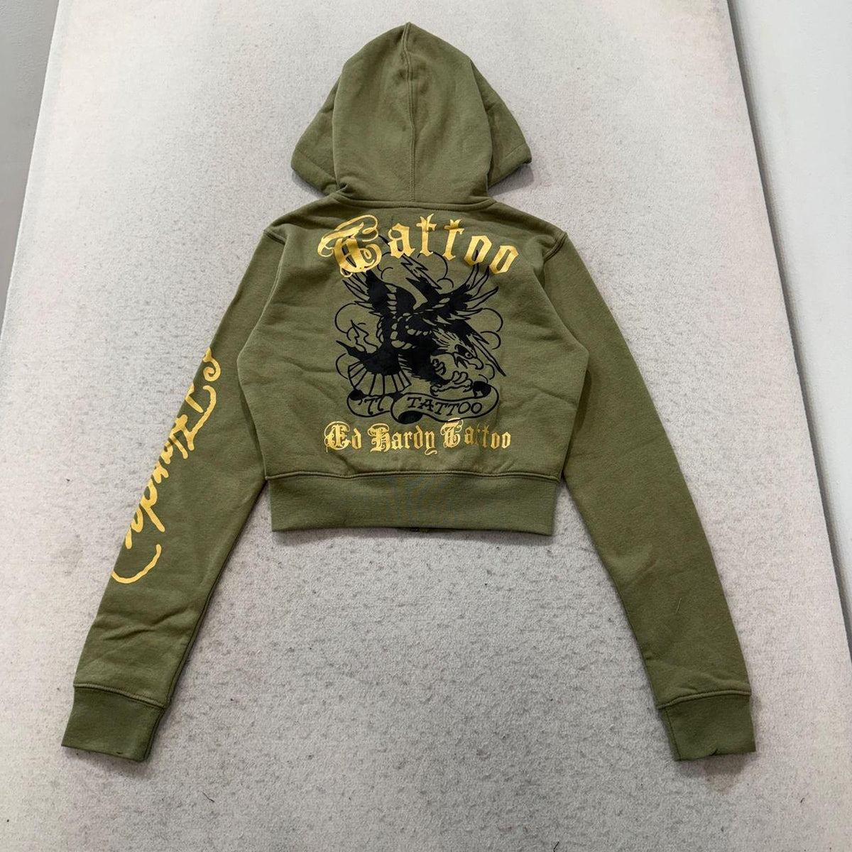 Vintage Y2K 2000's Ed Hardy Sage Green Zip Up Graphic Cropped Hoodie