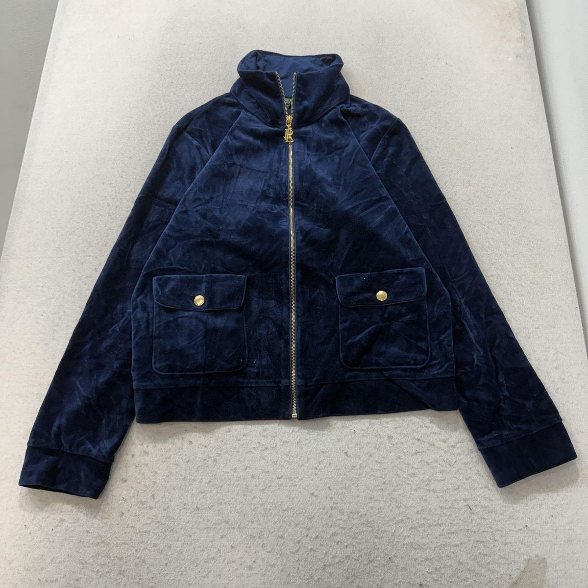 Vintage Y2K 2000's Women's Lauren Ralph Lauren Navy Boxy Velvet Cropped Jacket