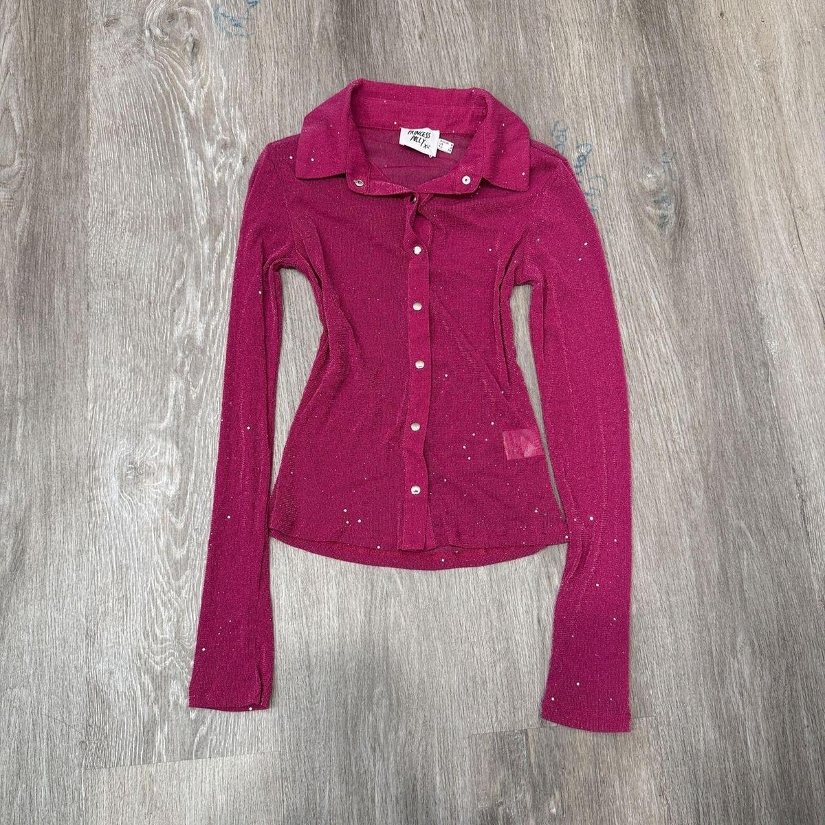 Vintage Y2K 2000's Women's Hot Pink Magenta Fitted Button Up Shirt
