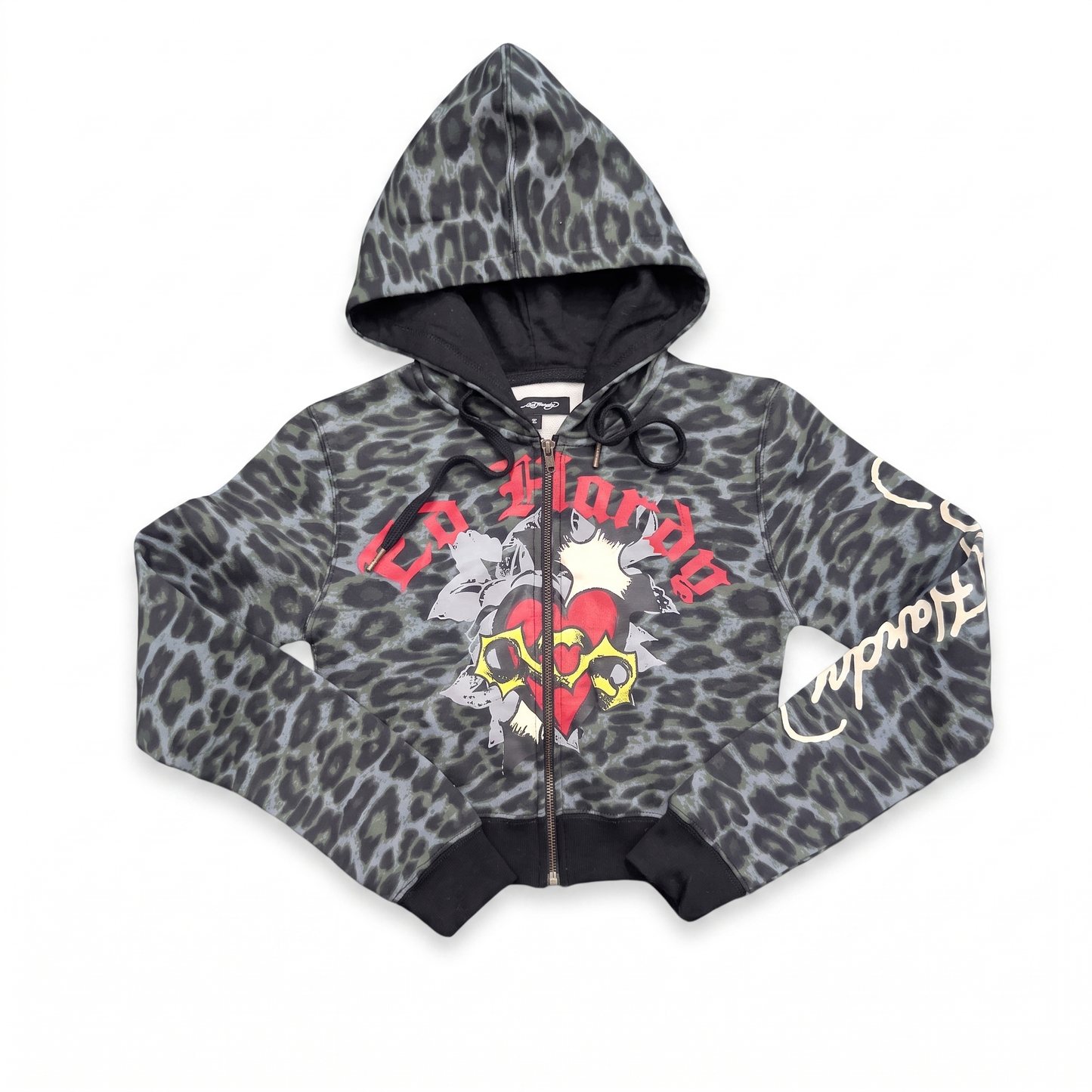 ED HARDY "Sacred Heart" GREEN LEOPARD CROPPED ZIP UP HOODIE