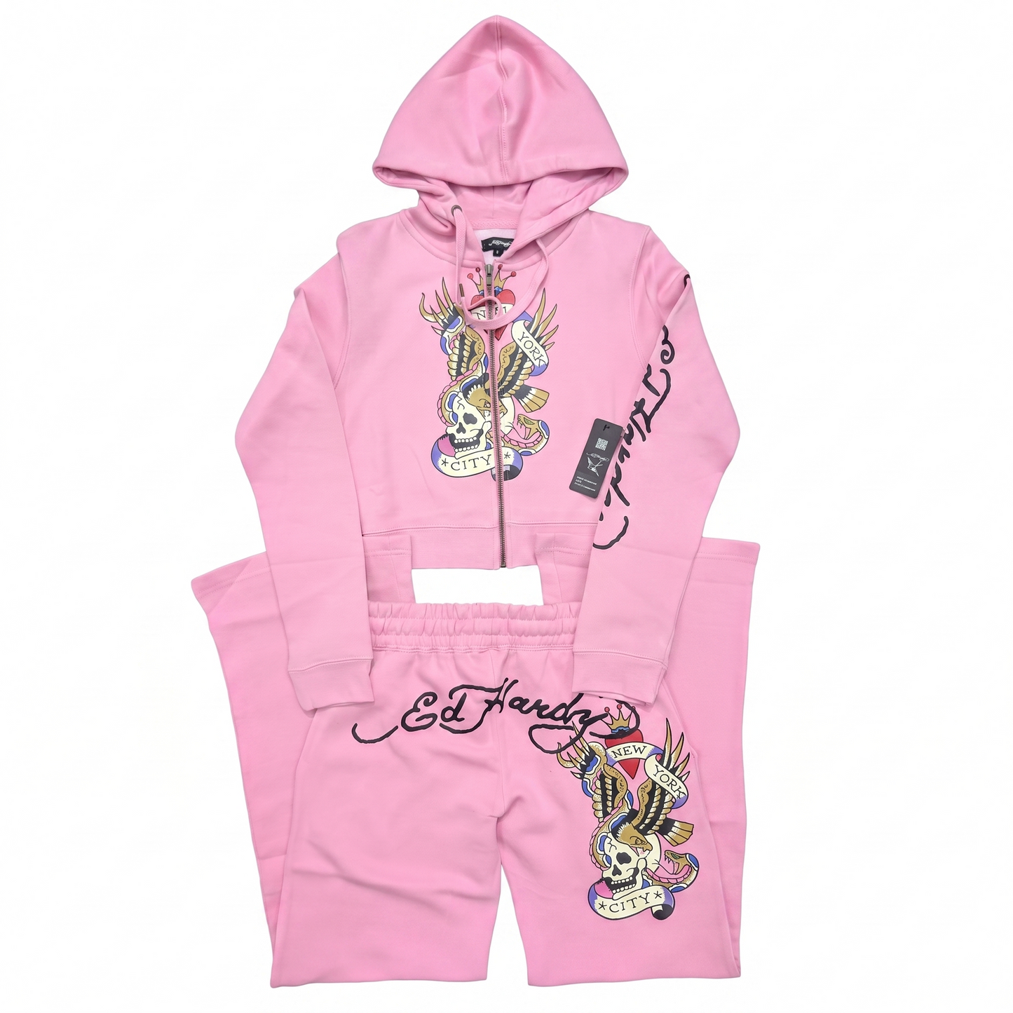 ED HARDY "Nyc Skull" BUBBLE GUM PINK FLARED SET
