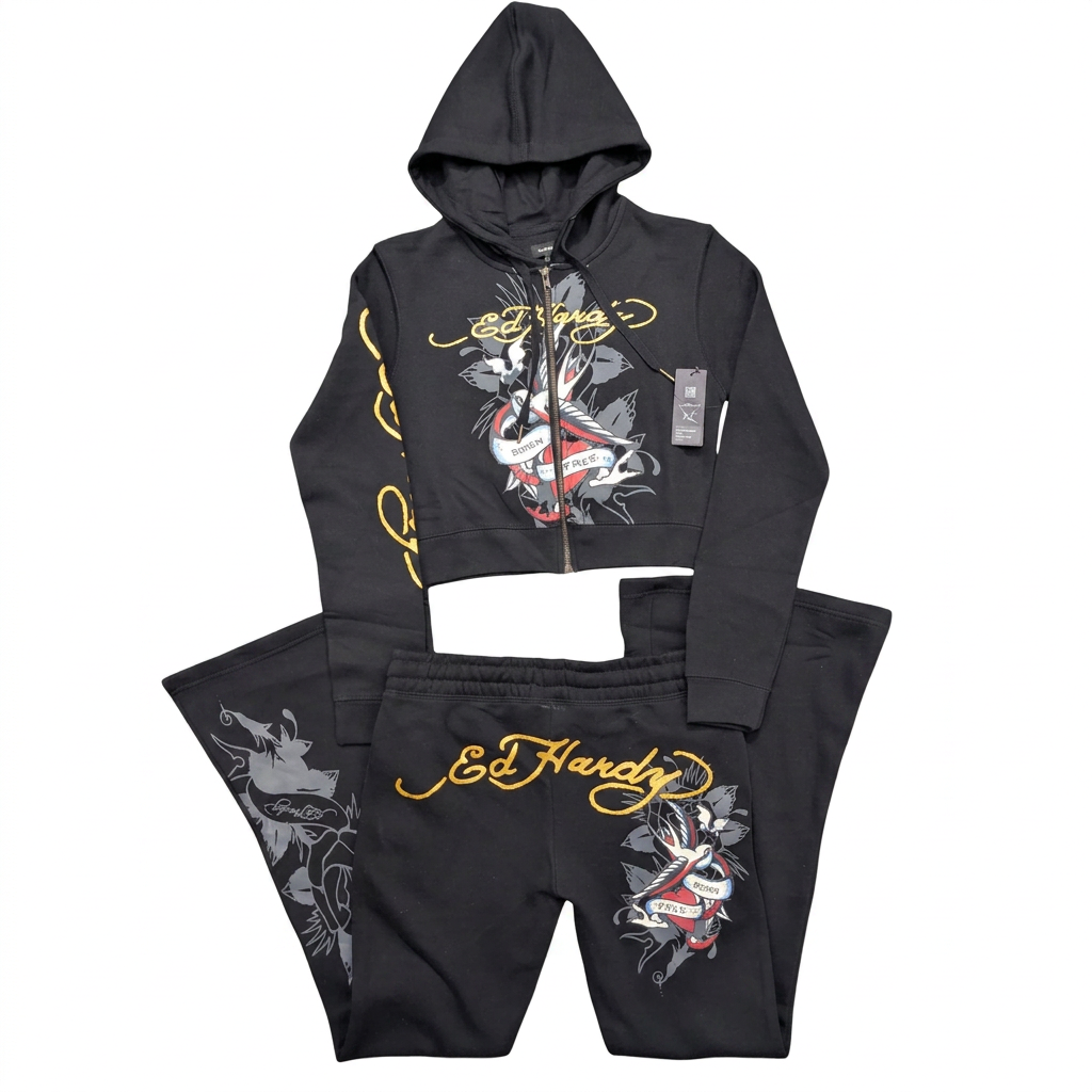 ED HARDY "Swallow birds" BLACK BELL BOTTOM SET