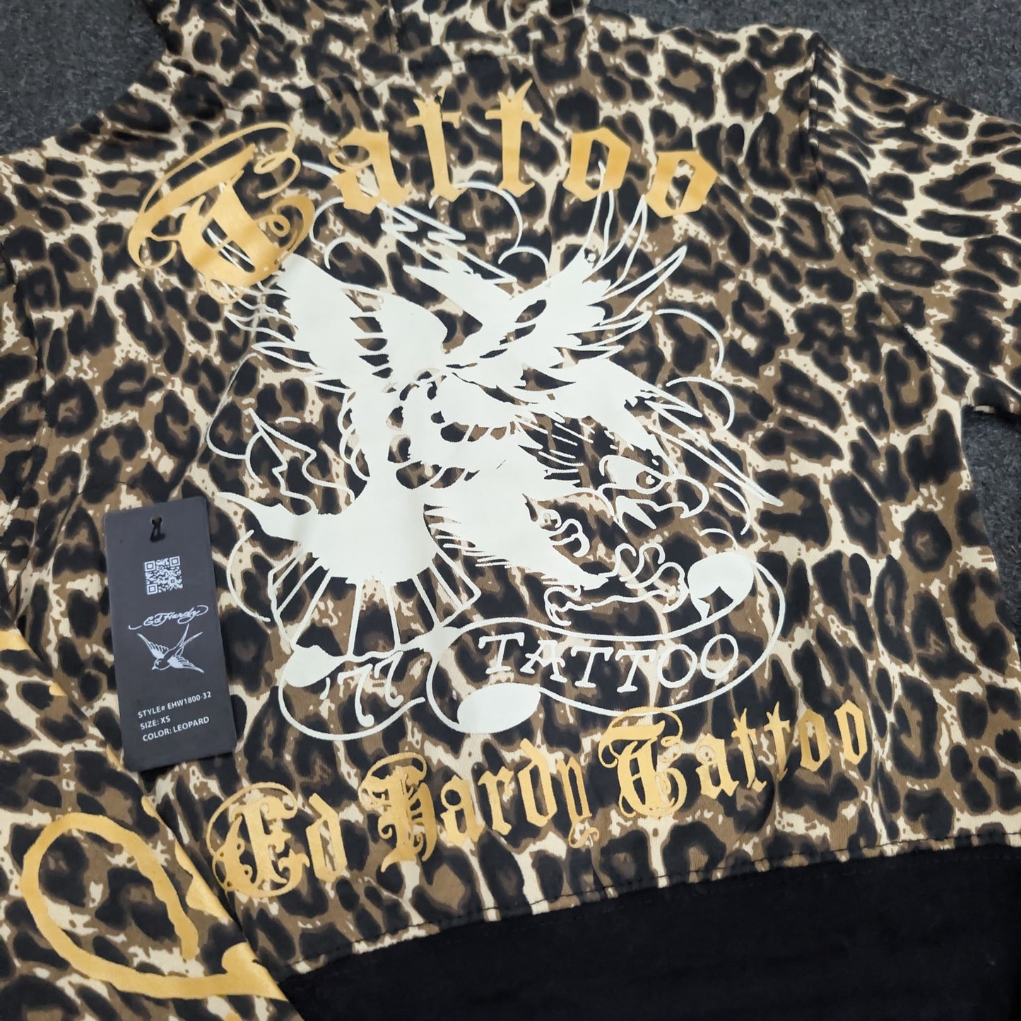 ED HARDY "Broken Hearts" LEOPARD CROPPED ZIP UP HOODIE