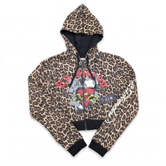ED HARDY "Sacred Hearts" LEOPARD CROPPED ZIP UP HOODIE